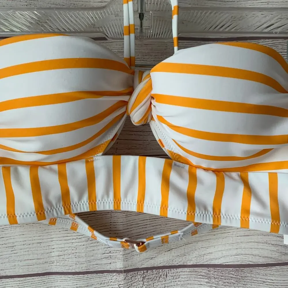 Shade & Shore Yellow and White Stripe Bikini Top Front Keyhole Halter Straps 34A